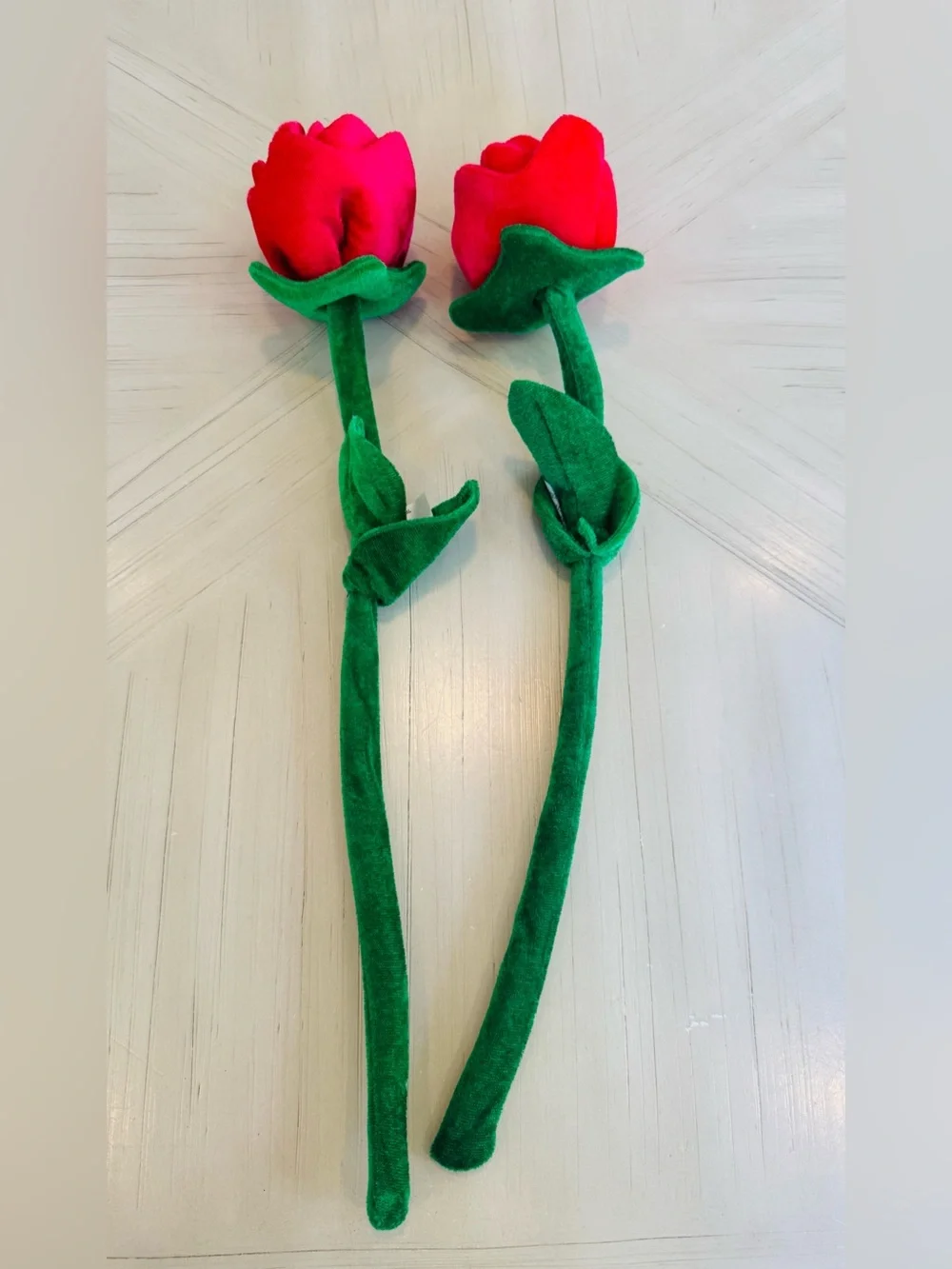 Set of 2 Bendable Long Stem Red Felt Roses | Plush Fabric Flowers | Craft & Gift